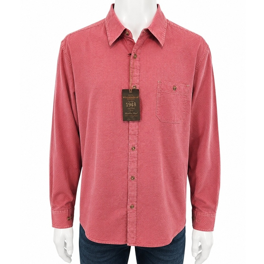 Weatherproof Vintage Mens Large Red Dobby Long Sleeve Button Down Shirt NWT